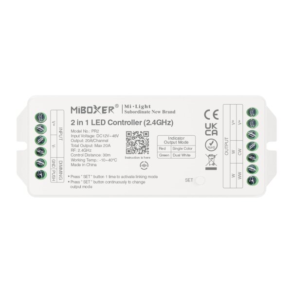 Miboxer 2,4 GHz 2 in 1 LED Controller DC12 V–48 V Hohe Leistung, max. 20 A, PWM hohe/niedrige Frequenz, unterstützt Push-Dimmen (PR2)