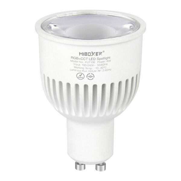 MiBoxer 2.4GHz GU10 LED Leuchtmittel | Gehäusefarbe: weiß | 6W | 550 lm | 30° | Steuerung ü. Fernbedienung | RGB + CCT (2700K-6500K)