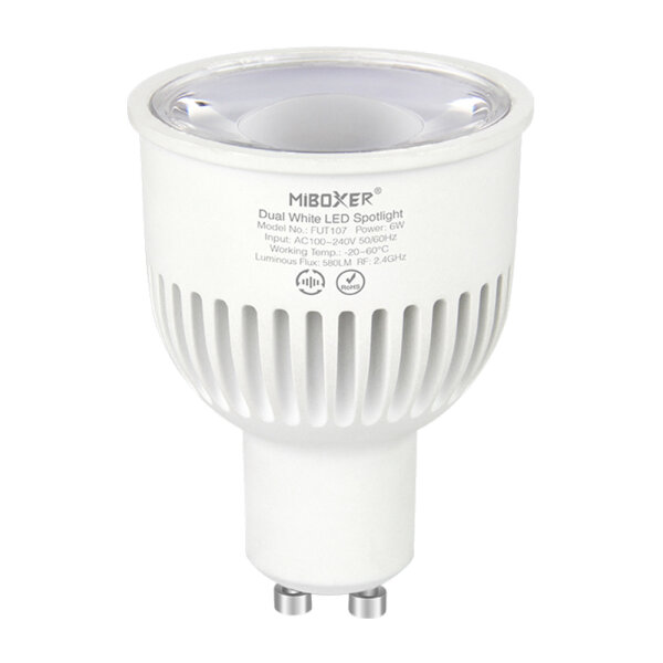 MiBoxer 2.4GHz GU10 LED Leuchtmittel | Gehäusefarbe: weiß | 6W | 580 lm | 30° | Steuerung ü. Fernbedienung | CCT (2700K-6500K)