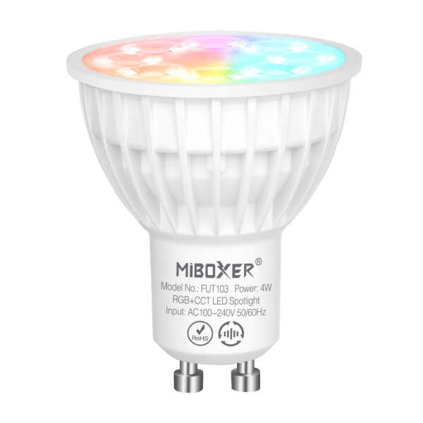 MiBoxer 2.4GHz GU10 LED Leuchtmittel | Gehäusefarbe: Weiß | 4W | 320 lm | 25° | Steuerung ü. Fernbedienung | RGB+CCT (2700K-6500K)